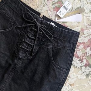 Black Denim Lace Up Mini Skirt